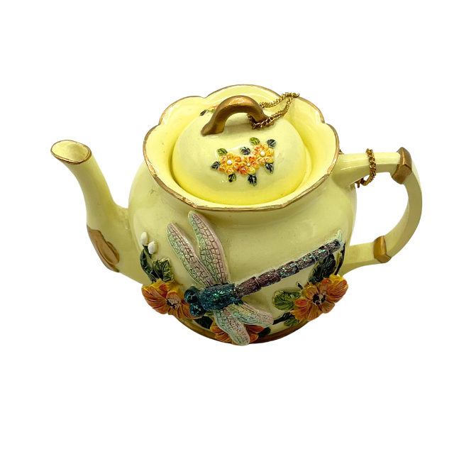 Vintage Nini~ Dragonfly Miniature Teapot – Hand-Painted 3D Floral Design Signed Saliba