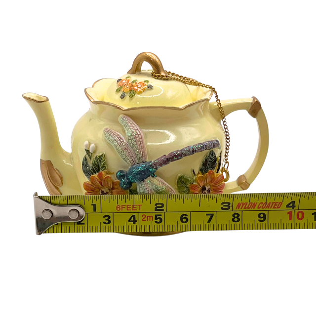 Vintage Nini~ Dragonfly Miniature Teapot – Hand-Painted 3D Floral Design Signed Saliba