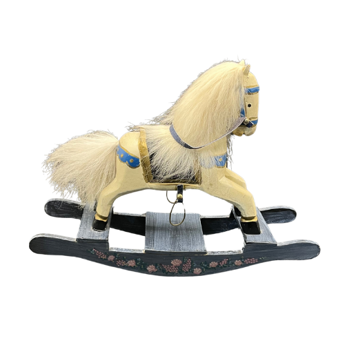 Vintage Ashton Drake Style White Wooden Hand Carved Rocking Horse with Real Fur Mane and Tail