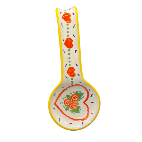 12" Italian Deruta Pottery Hand Painted Red Heart and Floral  White Spoon Rest
