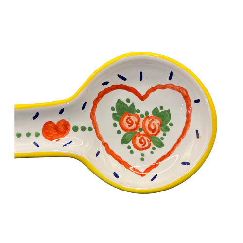 12" Italian Deruta Pottery Hand Painted Red Heart and Floral  White Spoon Rest