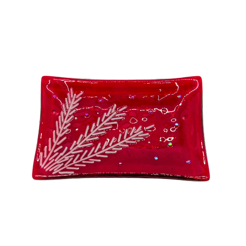 White Pine Needle Iridescent Bead Red Fused Glass Jewelry Trinket Dish