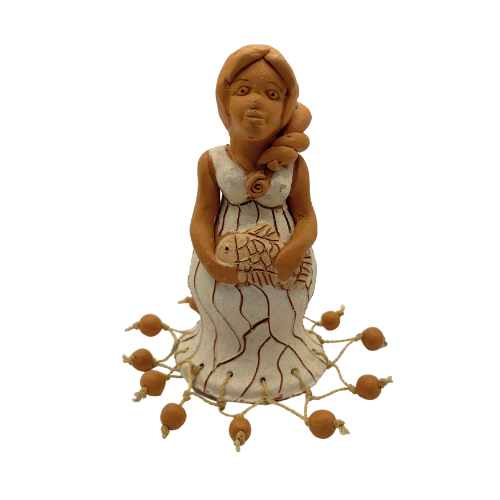 Mexican Clay Folk Art Nautical Lady in Fish Net Dress Holding Fish Handmade Figure