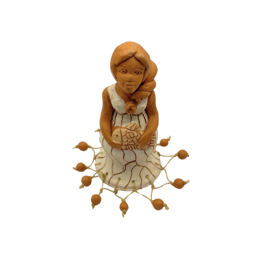 Mexican Clay Folk Art Nautical Lady in Fish Net Dress Holding Fish Handmade Figure