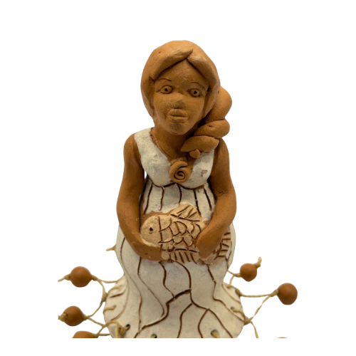 Mexican Clay Folk Art Nautical Lady in Fish Net Dress Holding Fish Handmade Figure