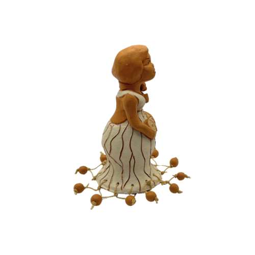 Mexican Clay Folk Art Nautical Lady in Fish Net Dress Holding Fish Handmade Figure