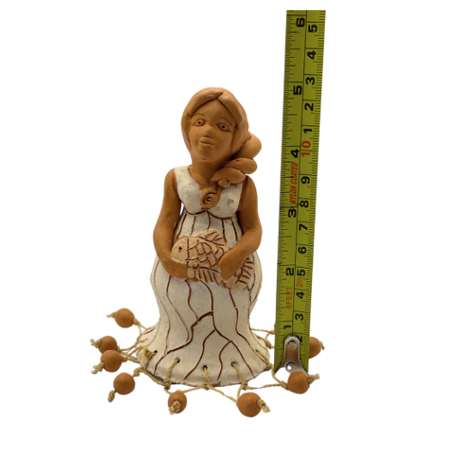Mexican Clay Folk Art Nautical Lady in Fish Net Dress Holding Fish Handmade Figure