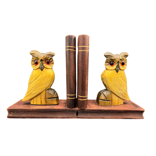 Wooden Owl on Books Bookends Mythical Fantasy Glass Eye Hand Carved Vtg