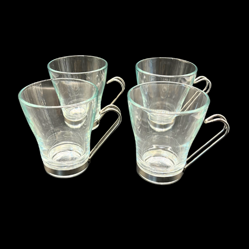 Bormioli Rocco Oslo Glass Cappuccino Cup With SS Handle 7.5oz 4 Set Clear Silver