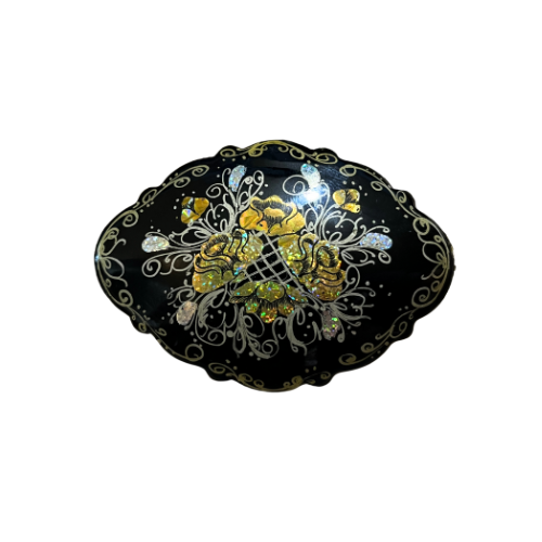 * Vintage Russian Hand Painted Black Lacquer Floral Scalloped Toleware Pin Brooch with Information Card