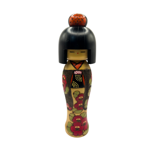 Kazuo Takamizawa Japanese Kokeshi Wooden Doll Girl Camellia Kimono Made in Japan 9.5"