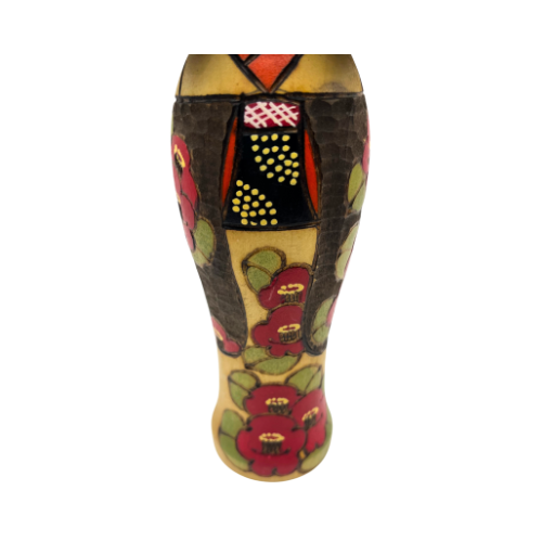 Kazuo Takamizawa Japanese Kokeshi Wooden Doll Girl Camellia Kimono Made in Japan 9.5"
