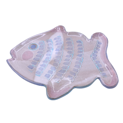 Signed Artisan Fish Serving Platter Dish Light Purple  - Made of Red Clay