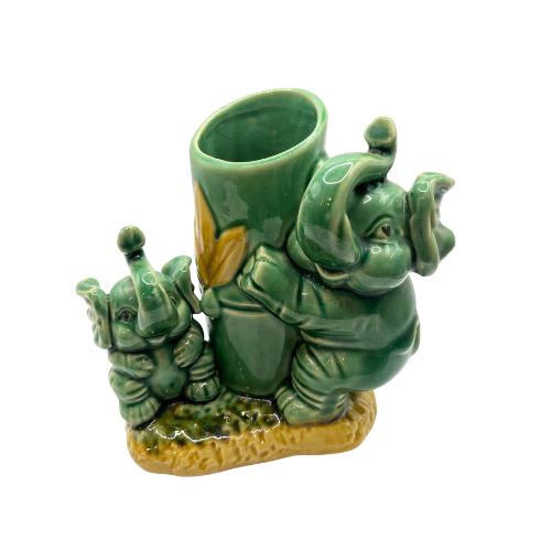 Vintage Majolica Ceramic Porcelain Vase with Mama & Baby Elephants Trunks Up 6"