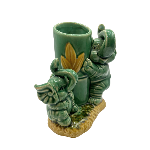 Vintage Majolica Ceramic Porcelain Vase with Mama & Baby Elephants Trunks Up 6"