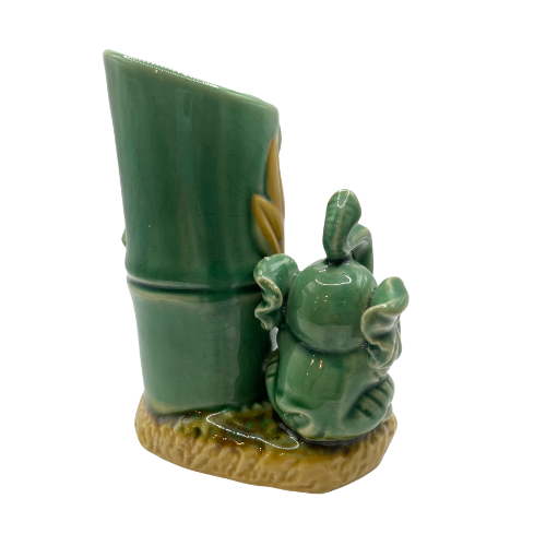 Vintage Majolica Ceramic Porcelain Vase with Mama & Baby Elephants Trunks Up 6"