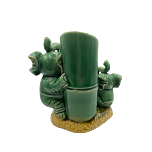 Vintage Majolica Ceramic Porcelain Vase with Mama & Baby Elephants Trunks Up 6"