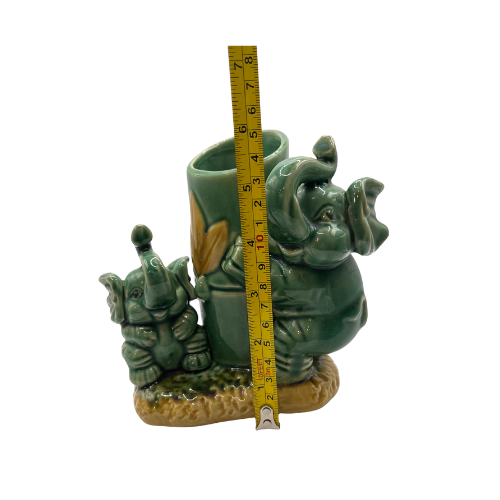Vintage Majolica Ceramic Porcelain Vase with Mama & Baby Elephants Trunks Up 6"