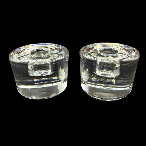 Orrefors Sweden Mid Century Crystal Puck Style Candlestick Holder Set of 2 _ Signed "FO" Frank Orrefors