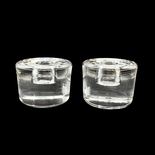 Orrefors Sweden Mid Century Crystal Puck Style Candlestick Holder Set of 2 _ Signed "FO" Frank Orrefors
