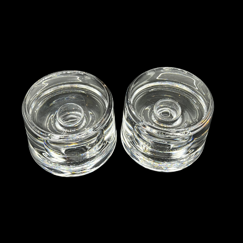 Orrefors Sweden Mid Century Crystal Puck Style Candlestick Holder Set of 2 _ Signed "FO" Frank Orrefors