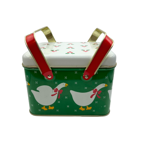 Vintage Christmas Grese Tin  Double Handle Green White Red