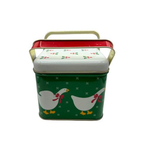 Vintage Christmas Grese Tin  Double Handle Green White Red