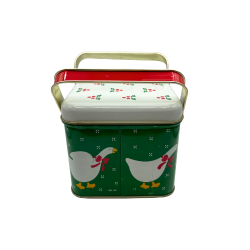Vintage Christmas Grese Tin  Double Handle Green White Red