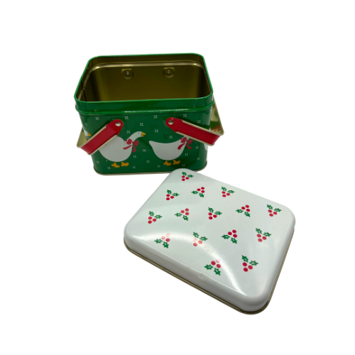 Vintage Christmas Grese Tin  Double Handle Green White Red