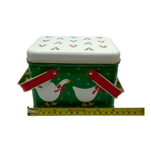 Vintage Christmas Grese Tin  Double Handle Green White Red