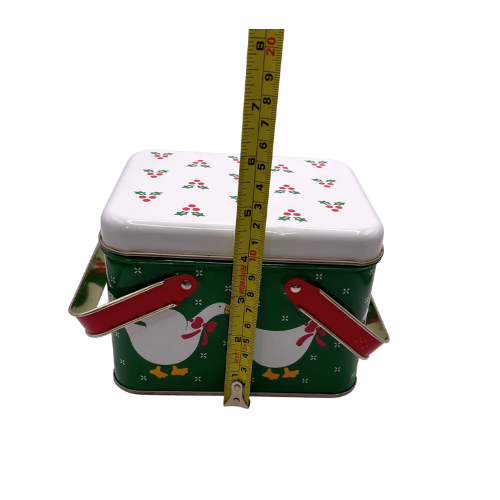 Vintage Christmas Grese Tin  Double Handle Green White Red