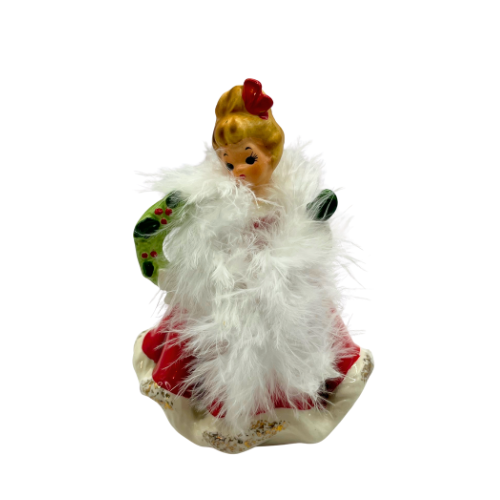 Vintage Josef Originals Porcelain Christmas Girl Figurine  with Wreath - Not Original Feather Bowa
