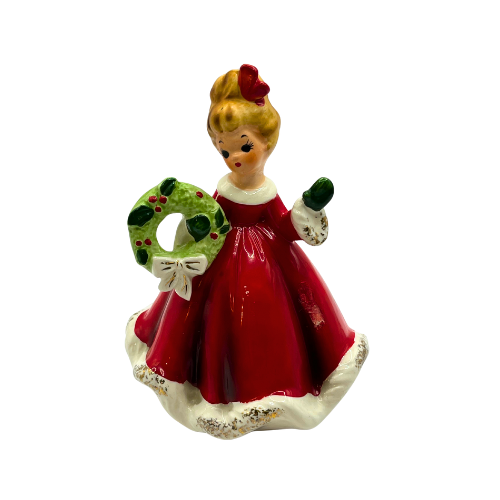 Vintage Josef Originals Porcelain Christmas Girl Figurine  with Wreath - Not Original Feather Bowa