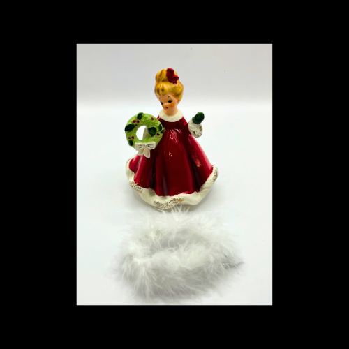 Vintage Josef Originals Porcelain Christmas Girl Figurine  with Wreath - Not Original Feather Bowa