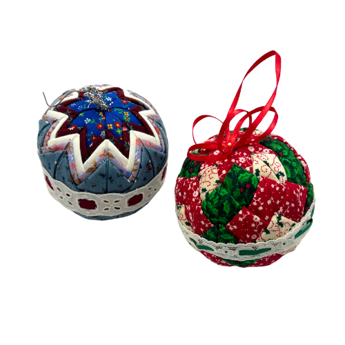 Vintage Handcrafted Quilted Folded Star Balls Christmas Tree Ornaments Set of 2