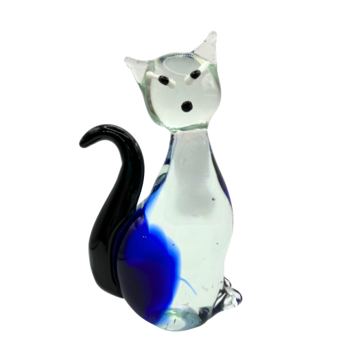 Murano Style Siamese Cat Art Glass Cobalt Blue Transparent Clear Swirl Black Tail Figurine