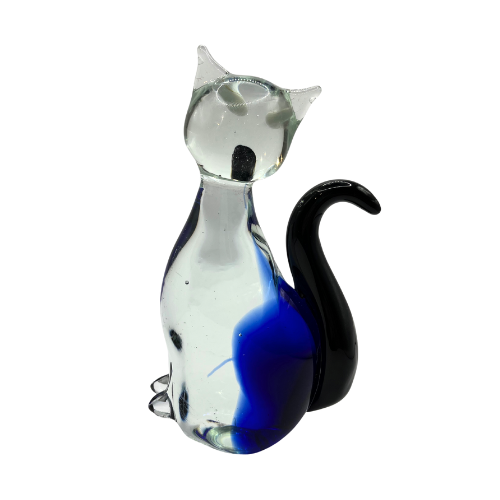 Murano Style Siamese Cat Art Glass Cobalt Blue Transparent Clear Swirl Black Tail Figurine