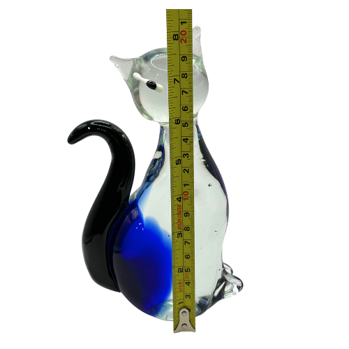 Murano Style Siamese Cat Art Glass Cobalt Blue Transparent Clear Swirl Black Tail Figurine