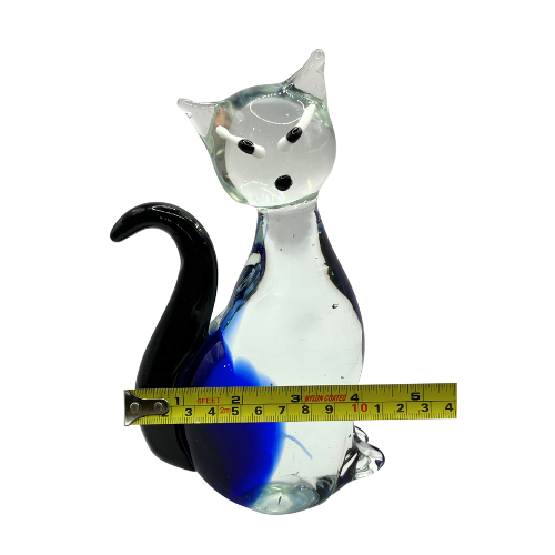 Murano Style Siamese Cat Art Glass Cobalt Blue Transparent Clear Swirl Black Tail Figurine