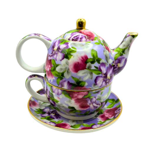 4-pc Tea For One Porcelain Tea Set by Ganz Roses / Violets with Gold Trim Details