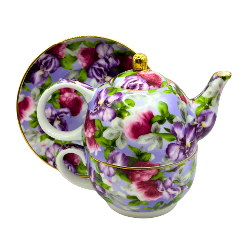 4-pc Tea For One Porcelain Tea Set by Ganz Roses / Violets with Gold Trim Details