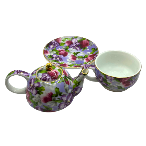 4-pc Tea For One Porcelain Tea Set by Ganz Roses / Violets with Gold Trim Details