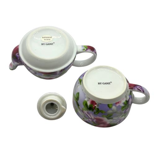 4-pc Tea For One Porcelain Tea Set by Ganz Roses / Violets with Gold Trim Details