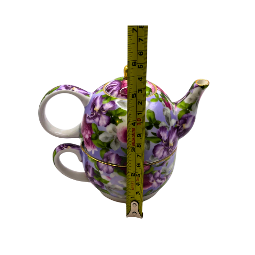 4-pc Tea For One Porcelain Tea Set by Ganz Roses / Violets with Gold Trim Details