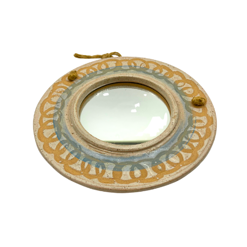 Vintage Hand Throw 9" Mirror Signed Ocepek Art Pottery Tan Blue Swirl Speckled Hanging Rope