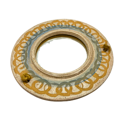 Vintage Hand Throw 9" Mirror Signed Ocepek Art Pottery Tan Blue Swirl Speckled Hanging Rope