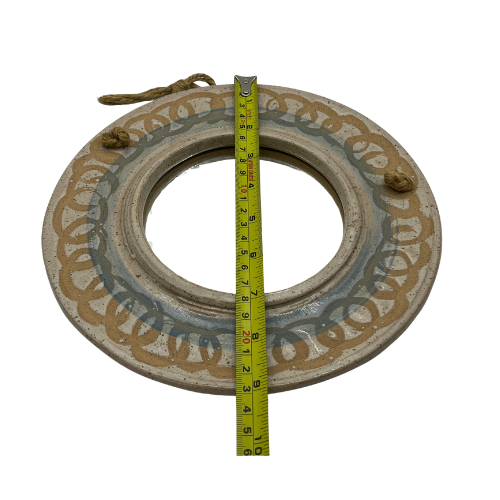 Vintage Hand Throw 9" Mirror Signed Ocepek Art Pottery Tan Blue Swirl Speckled Hanging Rope