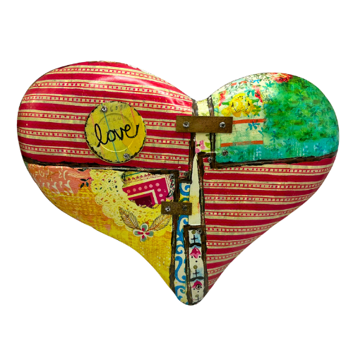 Kelly Rae Roberts Signed Heart Shaped Metal Quilt Patchwork Design Wall Plaque