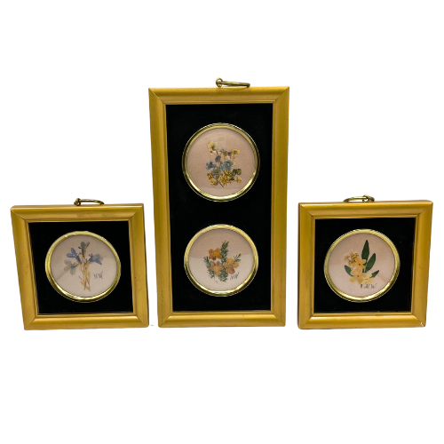 3-pc Dried Flowers Framed Japan Folk Art Pressed Floral Wall Hangings Vintage