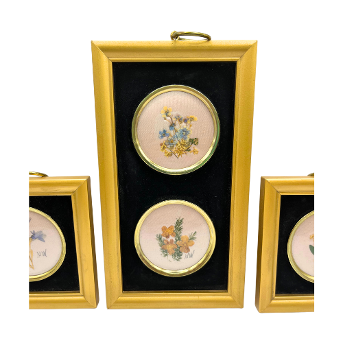 3-pc Dried Flowers Framed Japan Folk Art Pressed Floral Wall Hangings Vintage